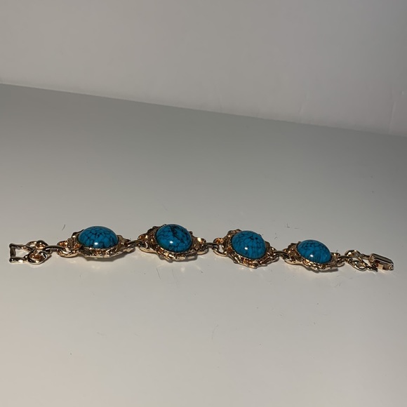 Faux Turquoise Link Bracelet Gold Tone Fold Over Clasp 7โ Bronze/Gold Tone VTG - Picture 10 of 13